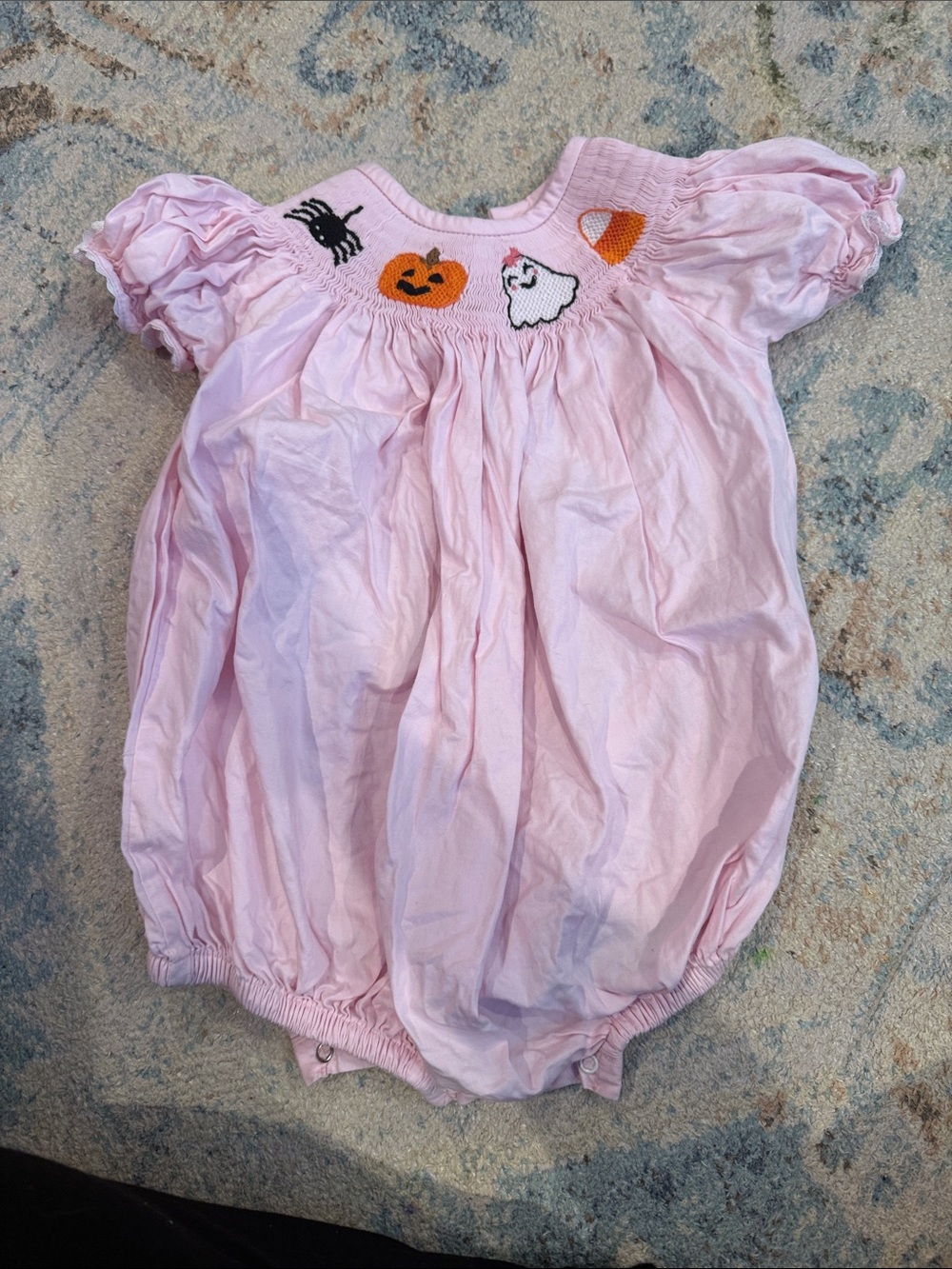 Pink Halloween Smocked Baby One-Piece Romper with Pumpkin & Ghost